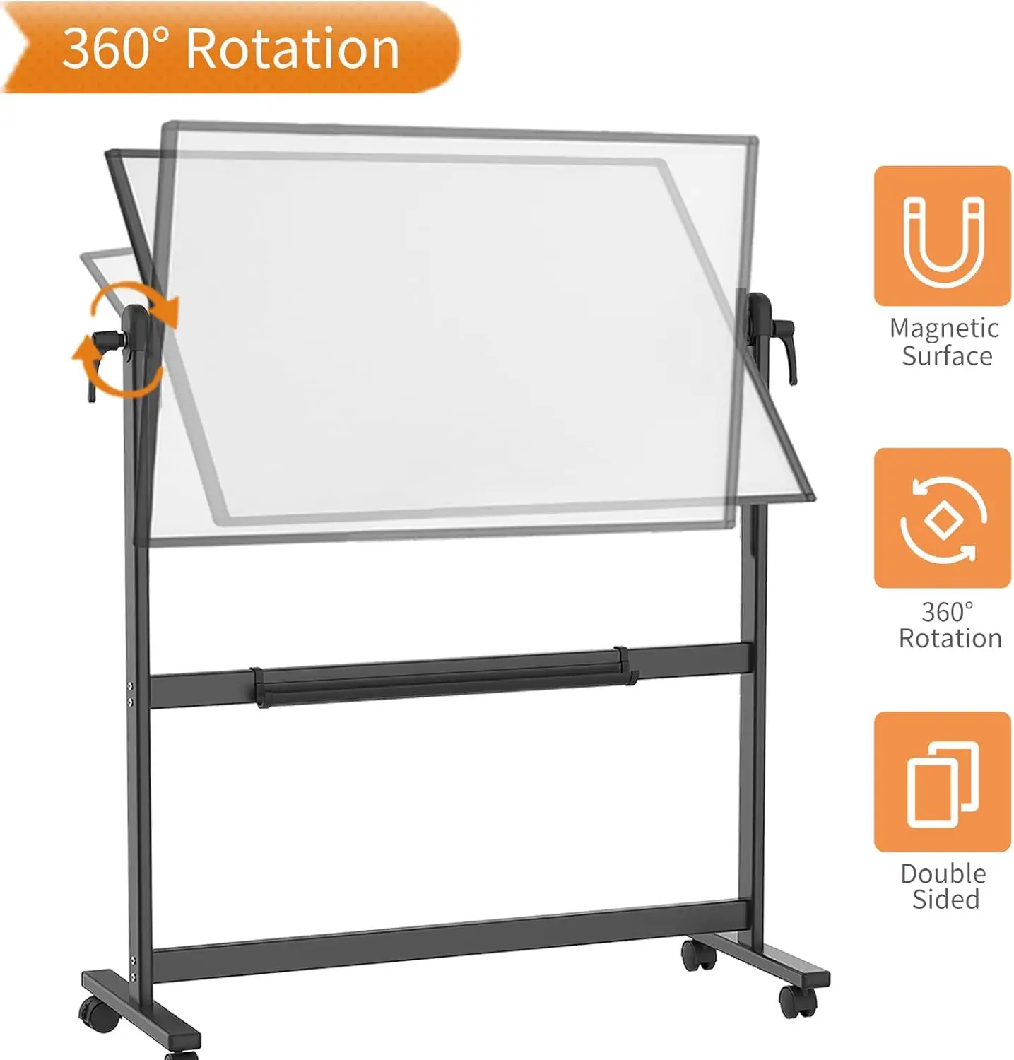 Double-Sided Magnetic Mobile Whiteboard, 48 x 36 Inches, Black Aluminium Frame and Stand