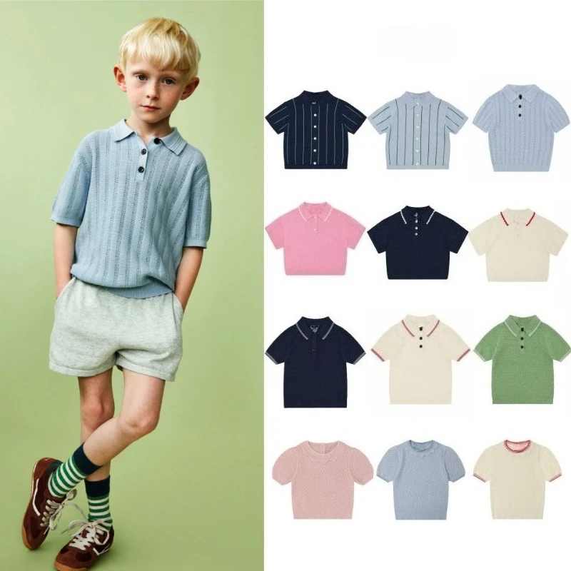 

Ins Style SS26 Danish Spring/Summer Boys' and Girls' Clothing Children Colorful Knitted Print Short-Sleeved Collared T-shirt