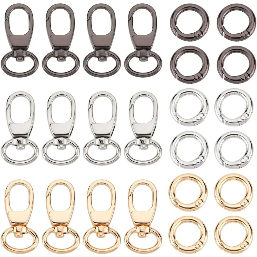 12 Sets Swivel Snap Hook 3 Colors Double Opening Ring Key Chain, Alloy Swivel Lobster Clasps Spring Clip Key Chain Hook