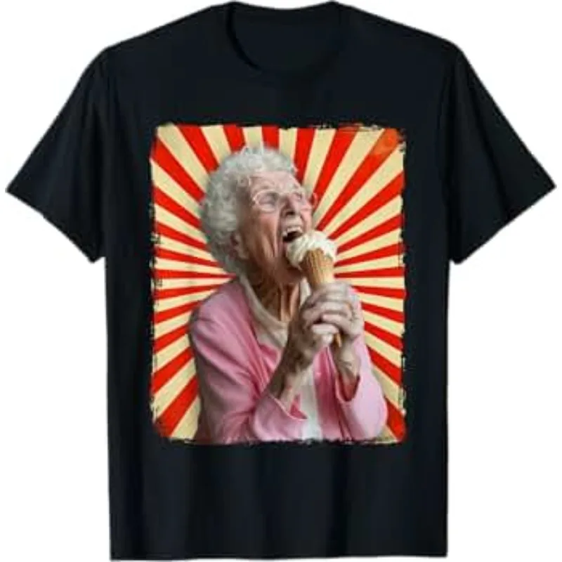 Men's  Fun Grandma Licking Ice Cream Embarrassing Old Ladies T Shirt Cotton Tee Women Oversized Loose Spring Summer Streetwear