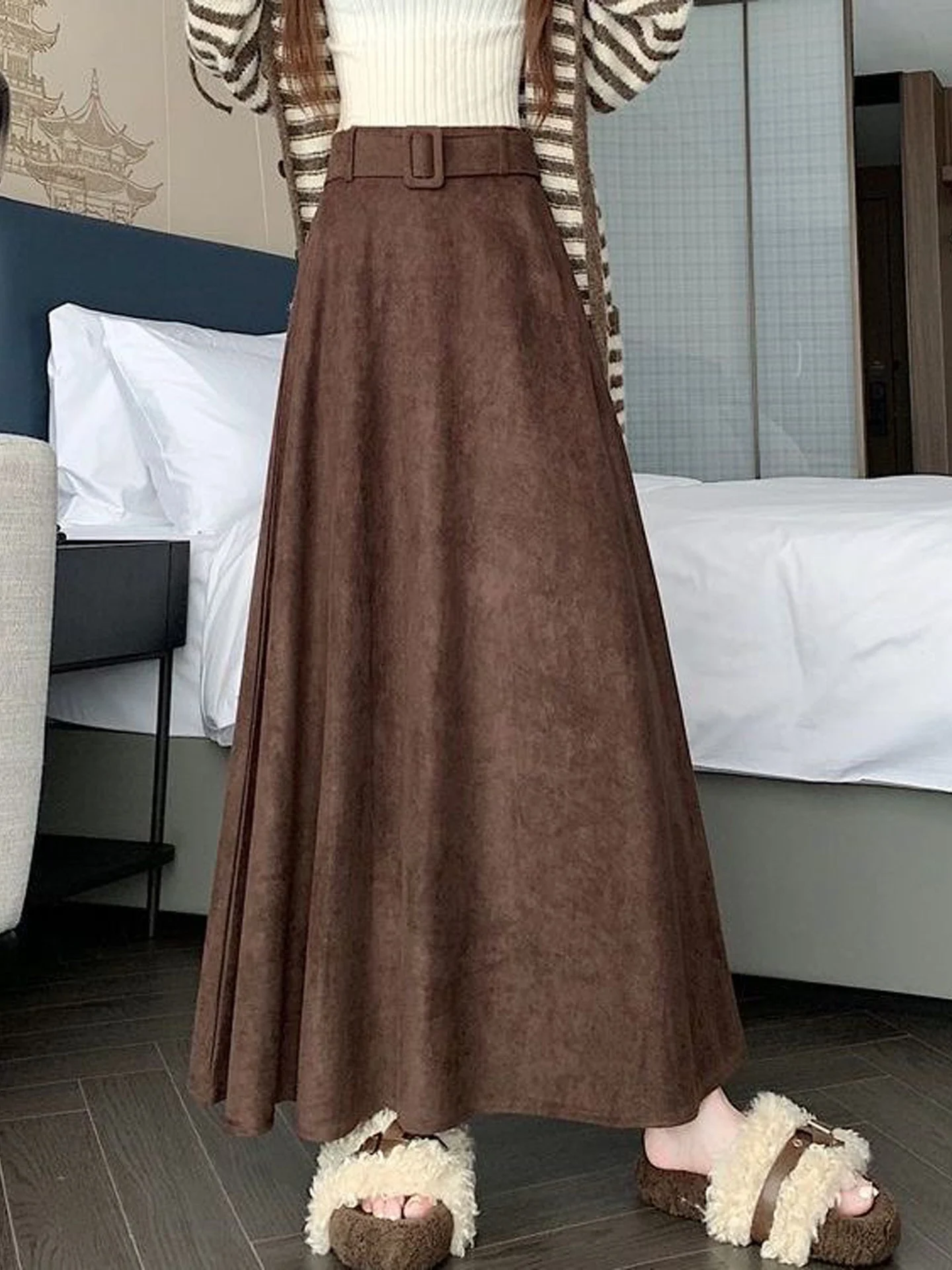 High Waist A-Line Suede  Skirt Women's Autumn New Style Slimming Concealing Umbrella Skirt Long Trendy Half-length Skirt