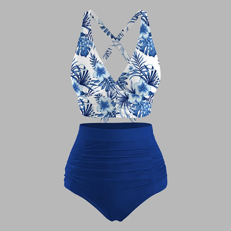 Dressfo Women's Beach Swimwear Set Tropical Floral Leaf Print V Neck Top Ruched Bottom Swimsuit