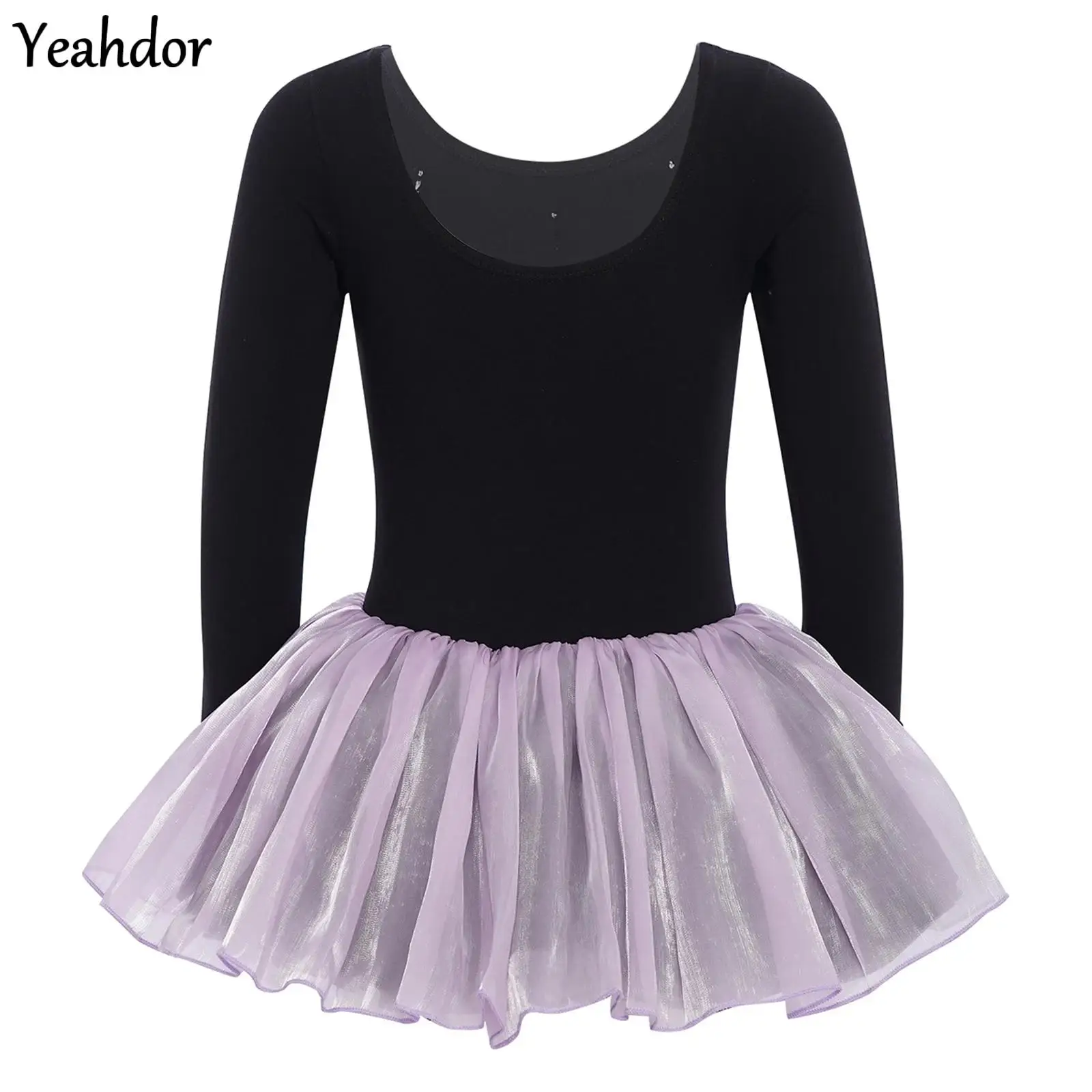 발레 드레스 체조 레오타드 어린이용 소녀용 리본 장식 주름 긴 소매 튤 튜튜 레오타드 드레스 공연 대회용