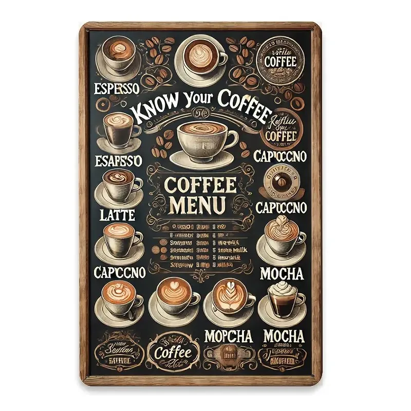 Plaque en métal vintage « Know Your Coffee Menu », guide du café rétro (espresso, latte, mocha, cappuccino), décoration murale, style rustique