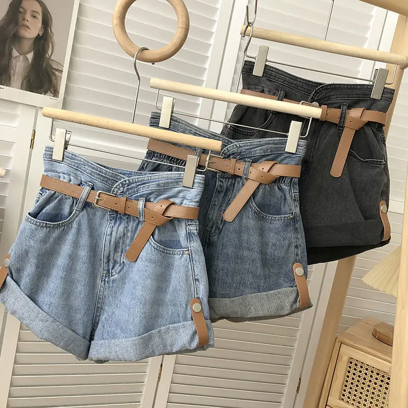 Curled shorts female retro light blue large size fashion summer high waist wide leg denim shorts female loose hot girl