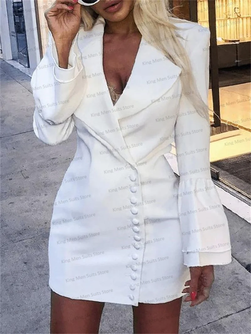 White Wedding Women Suit 1 Piece Long Jacket Short Prom Dress Full Sleeves Custom Made Tuxedos Formal Party Skirt Coat