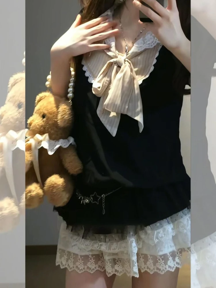 Harajuku 90s Aesthetic ชุดเซ็กซี่หญิงใหม่หวาน Y2k Slim Gothic ชุดผู้หญิง Punk ปลอม 2 ชิ้นชุดวินเทจแขนสั้น