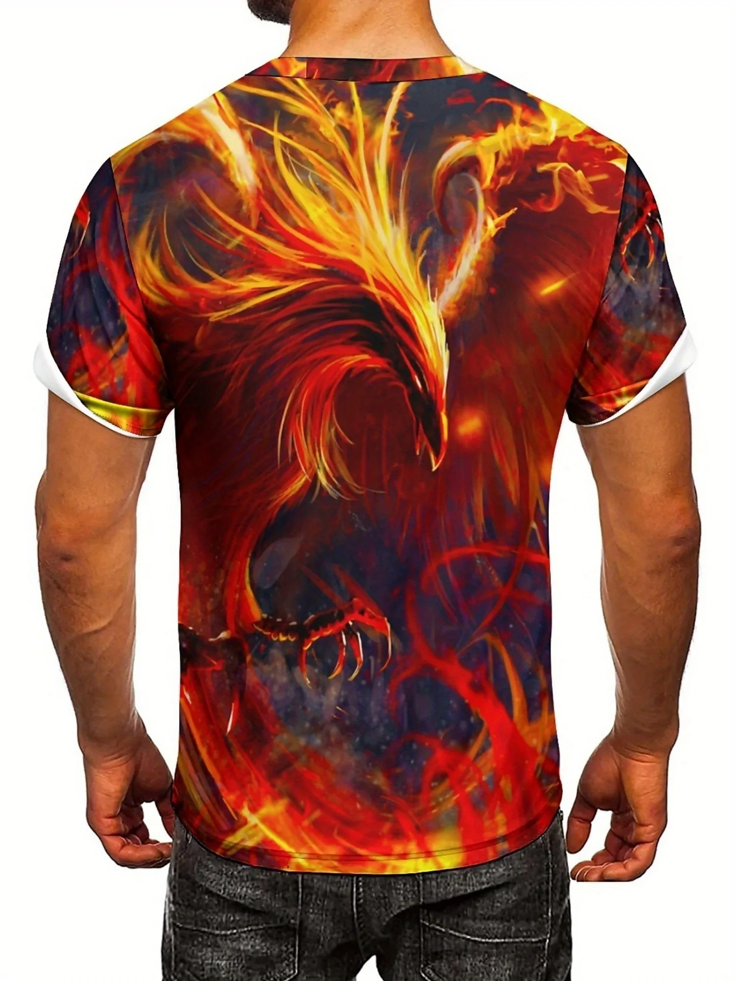 Camiseta masculina com estampa 3D "Burning Phoenix" – manga curta, design de chama vermelha e laranja, poliéster de alta qualidade