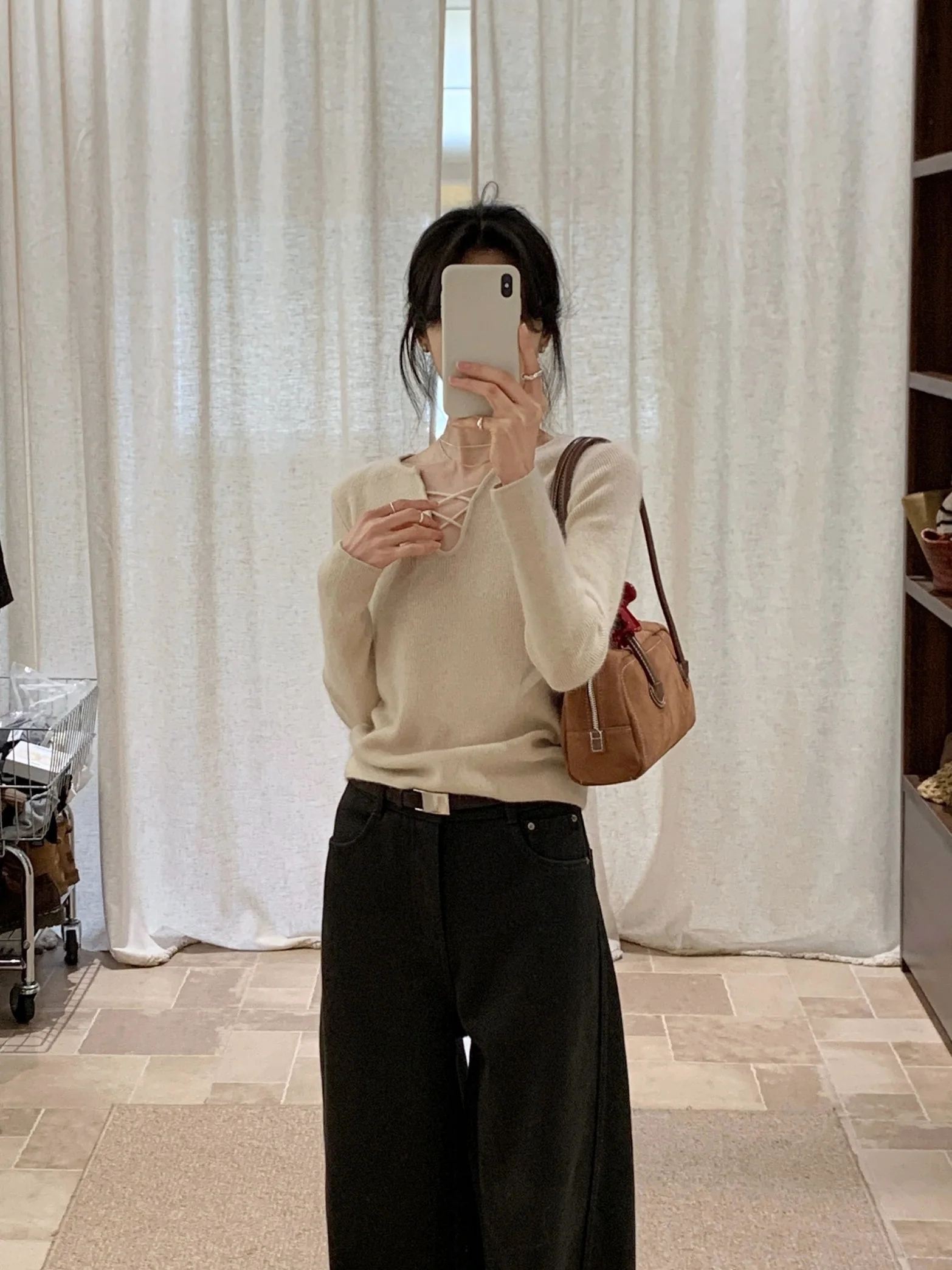 

Корейский женский вязаный свитер с перекрестным воротником, утепленный, облегающий, модный, весенняя новинка, бежевый, с завязками