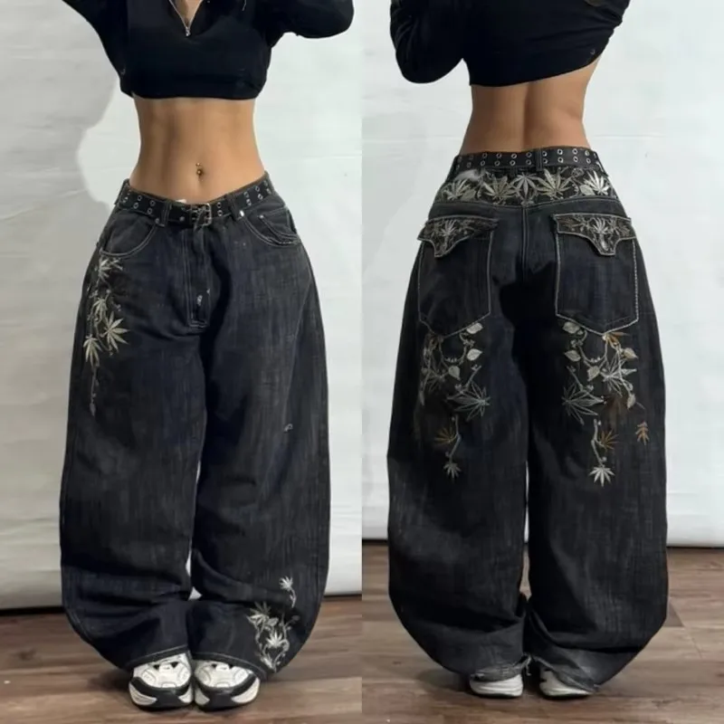 American New Fashion Geometric Pattern Embroidered Baggy Jeans Women Y2K Harajuku Vintage Hip-hop Popular Casual Wide-leg Pants - Image 4