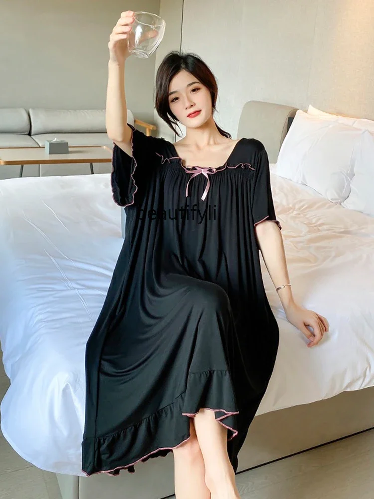 Fat Girl plus Size Nightdress Summer Women's Modal Short-Sleeved Pajamas Pregnant Women Loose Home Wear Thin 100.00kg