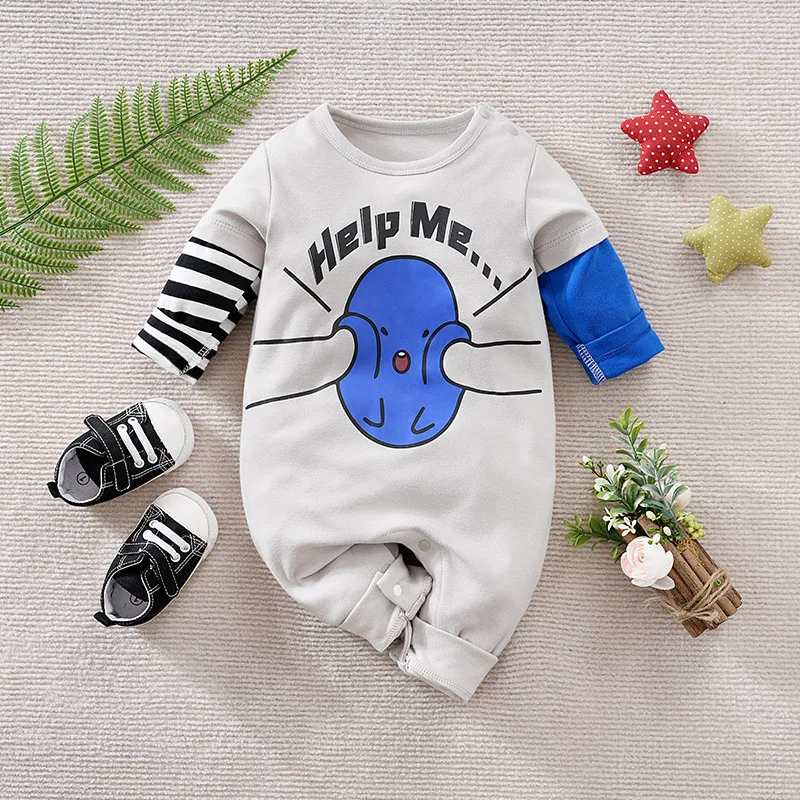 

Baby Clothes Cute Cartoon Blue Bean Pure Cotton Casual Soft 0-18 Boys And Girls Spring And Autumn Long Sleeved Baby Jumpsuit