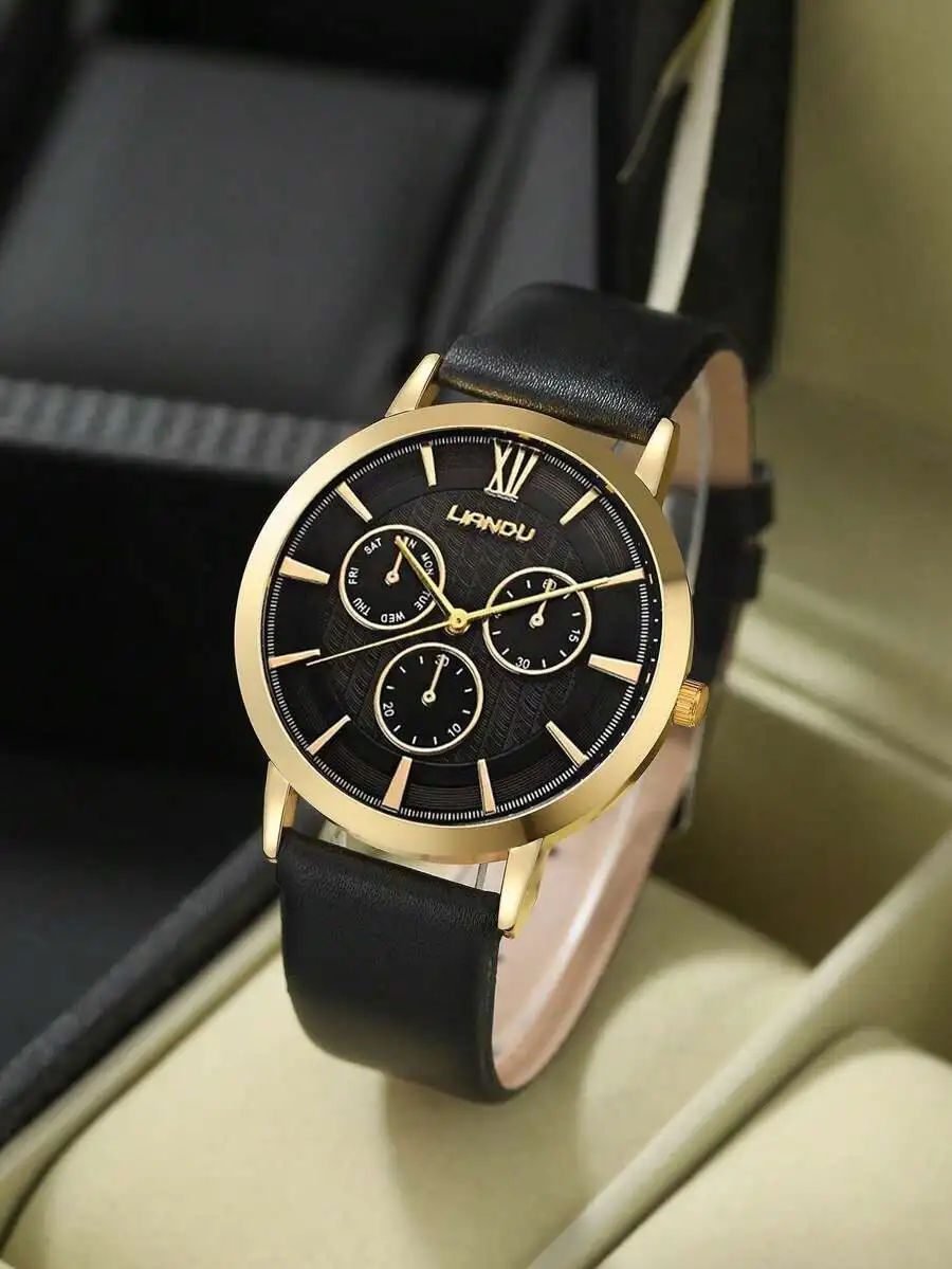 LIANDU LIANDU 1 Set Men's Fashion Casual Quartz Round Dial Watch And Lion Head Beaded Bracelet Jewelry Set, Suitable For Daily view 3