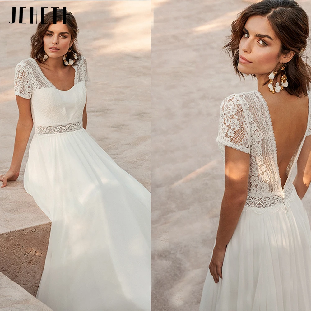 JEHETH Boho mangas curtas Vestidos de casamento V-Neck Backless Lace Praia Vestidos nupciais Até o chão Chiffon Vestidos De Novia فستان Boêmia vestido de casamento de mangas curtas v casamento de areia de cravos Vestid