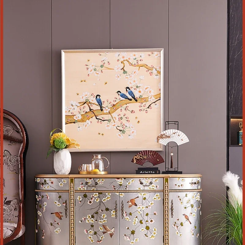 

Painted flower and bird silver home solid wood semicircular entrance decorative cabinet