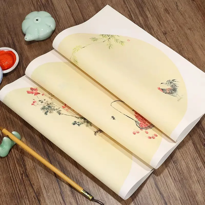 Round Fan Shape Calligraphy Paper - 14 Sheets 34x34cm with Batik Retro Pattern, Semi-Raw for Framing as Standalone Art
