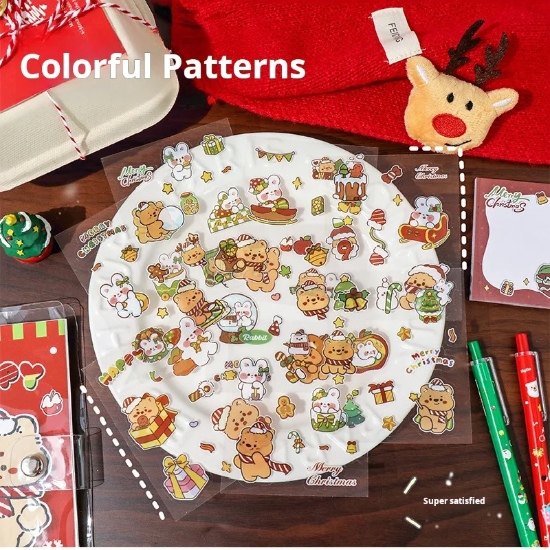 8 vellen/set Kerst Cartoon konijn Thema Waterdichte Stickers schattige sneeuwpop beer PET Stickers Decoratie Briefpapier Groothandel