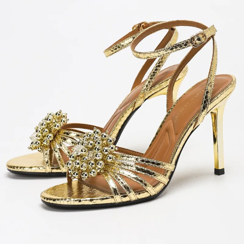 

Luxury Gold Pearl Flower Sandals for Women Narrow Band Ankle Strap Elegant Banquet Party Shoes Pumps Sexy High Heels Female