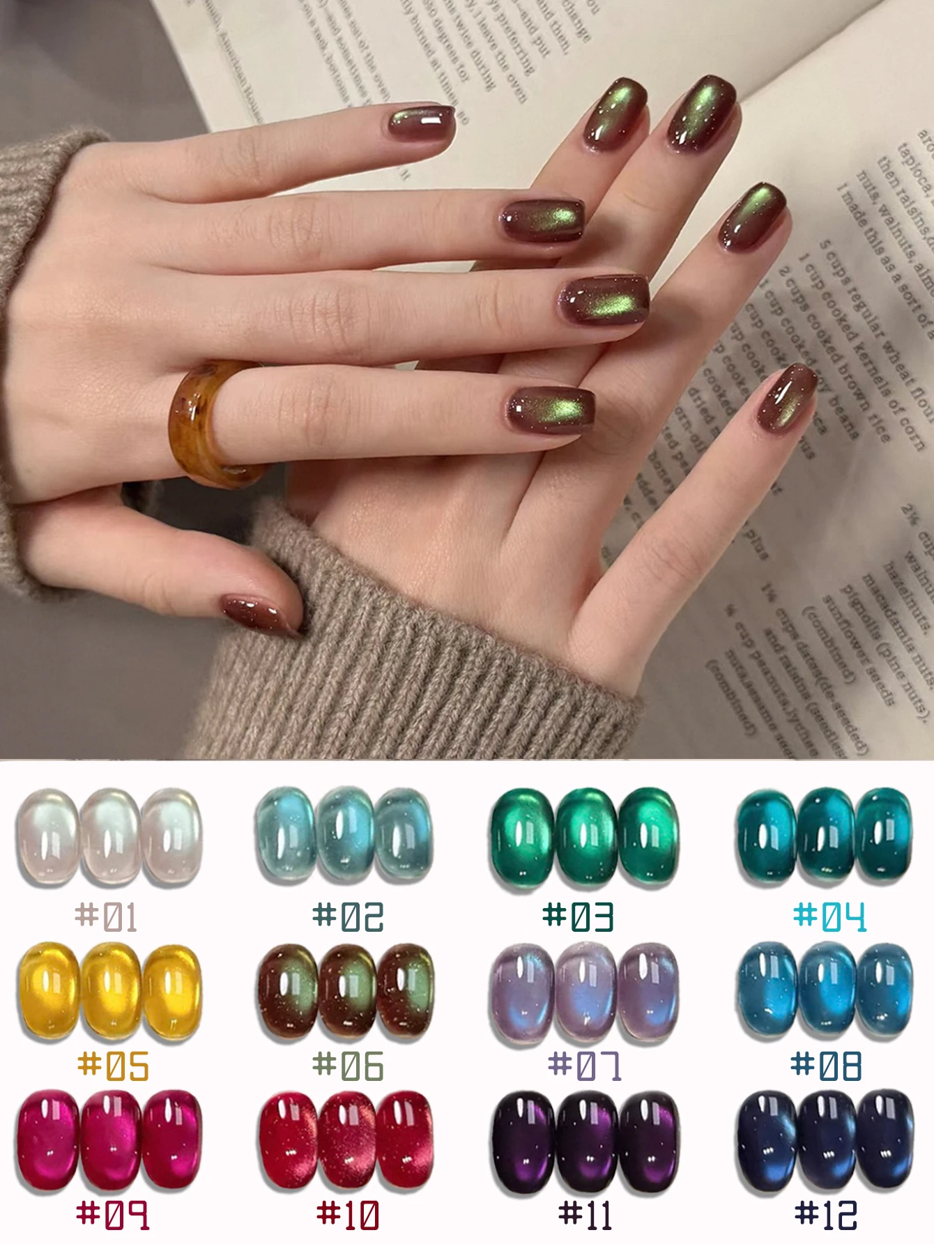 1/12 قطعة 2025 مسمار الفن المرأة عدة الخريف والشتاء الزجاج الخرز تألق الملونة الأزرق الأرجواني الأصفر القط العين UV هلام طلاء الأظافر #5