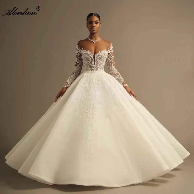 

Alonlivn Simple Elegant Illusion Neck Ball Gown Wedding Dresses Beauty Appliques Lace Full Sleeves Bridal Skirts