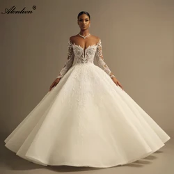 Alonlivn Simple Elegant Illusion Neck Ball Gown Wedding Dresses Beauty Appliques Lace Full Sleeves Bridal Skirts