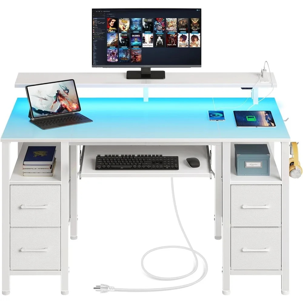 White Computer Desk with LED Lights, Drawers & Power Outlets, 47 inch Gaming Office Desk for Small Spaces