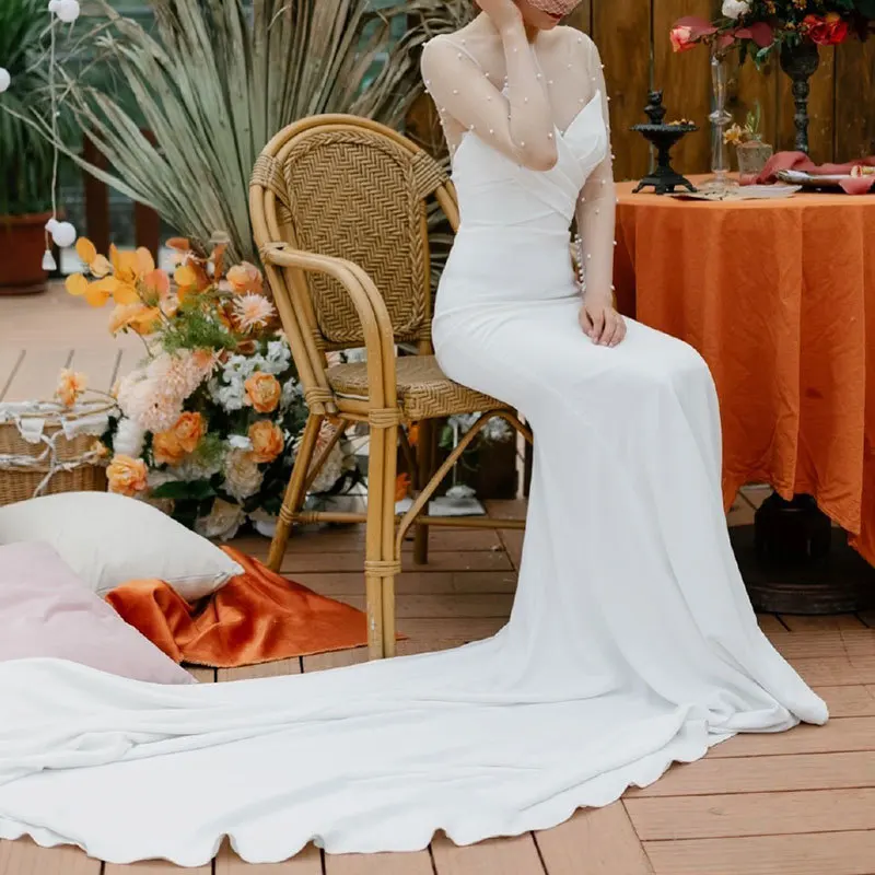 أنيقة الساتان التخسيس العروس ضوء الشاش أزياء داخلي حورية البحر نخب اللباس الخصر مقصوص قطار مأدبة ثوب