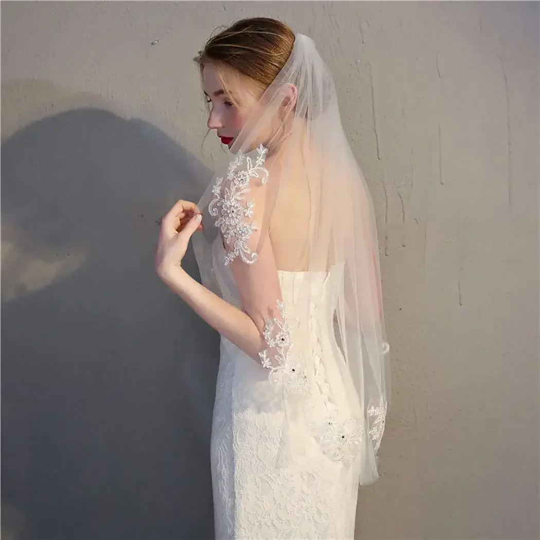 1T Wedding Veils for Waist Length Ivory Short Length Lace  Cut Edge Veil Rhinestone Bride