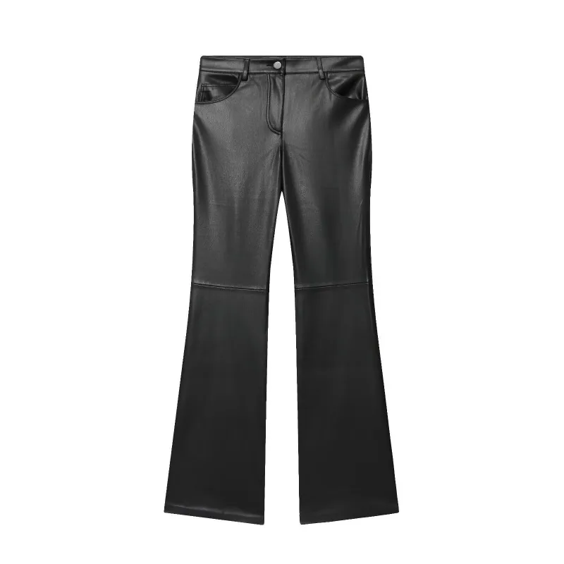 Women Autumn New Style Hot Girl Leather Buttoned Slightly Flared Form-fitting Casual Leather Long Pants with High Waist Fashion
