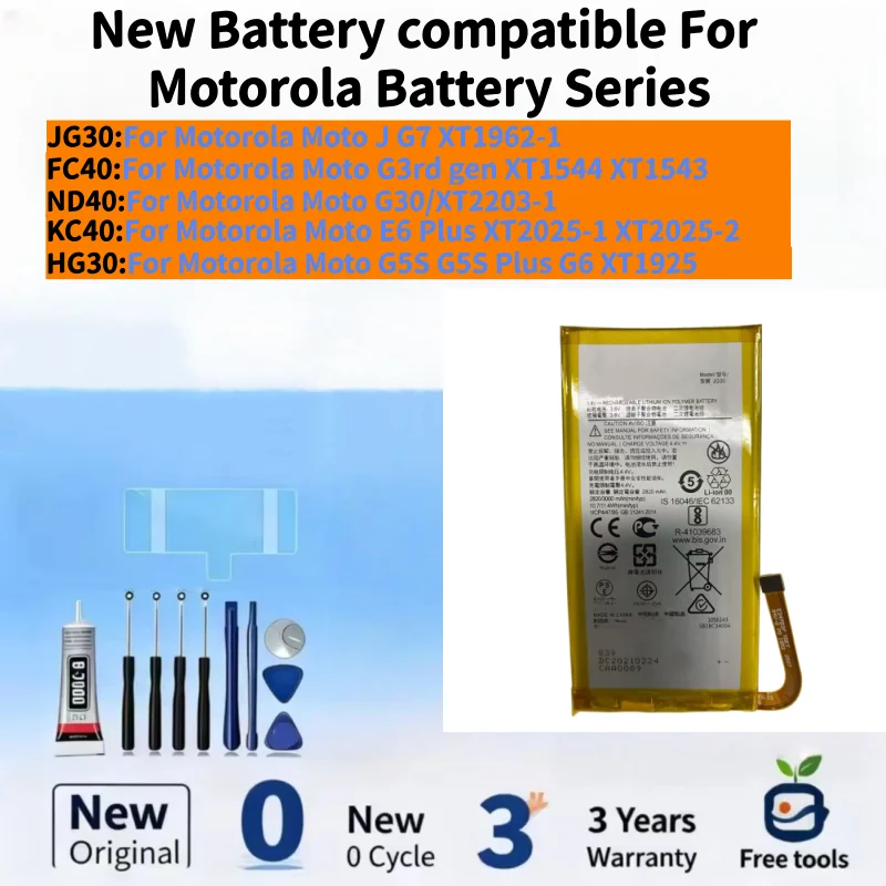New Battery compatible For Motorola Moto J G7/Moto G3rd gen/G30/E6 Plus/G5S G5S Plus G6 Mobile Phone Batteries + Free Tools