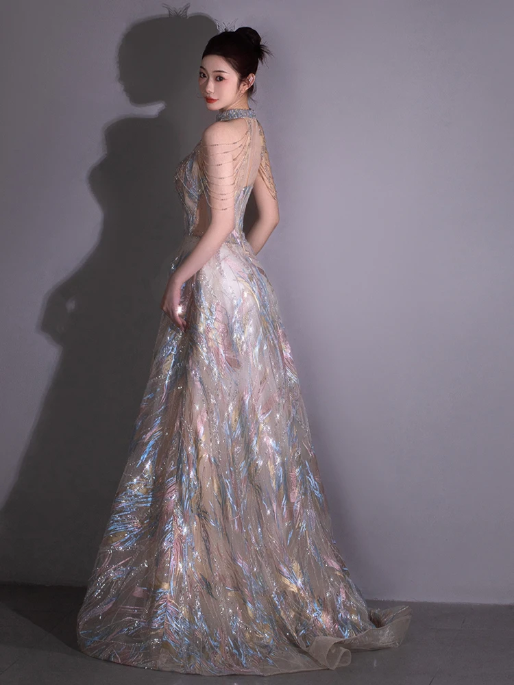 Suknia wieczorowa damska luksusowa, nowa kolekcja 2025, elegancka, długa spódnica, seksowna, z odkrytymi plecami, na wesele, bankiet, z podkreśloną talią.