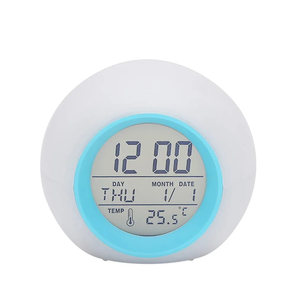 7 Colors Changing LED Alarm Clock Touch Control Temperature Display Multifunctional Desk Clock Round Shape with Sleep Sounds