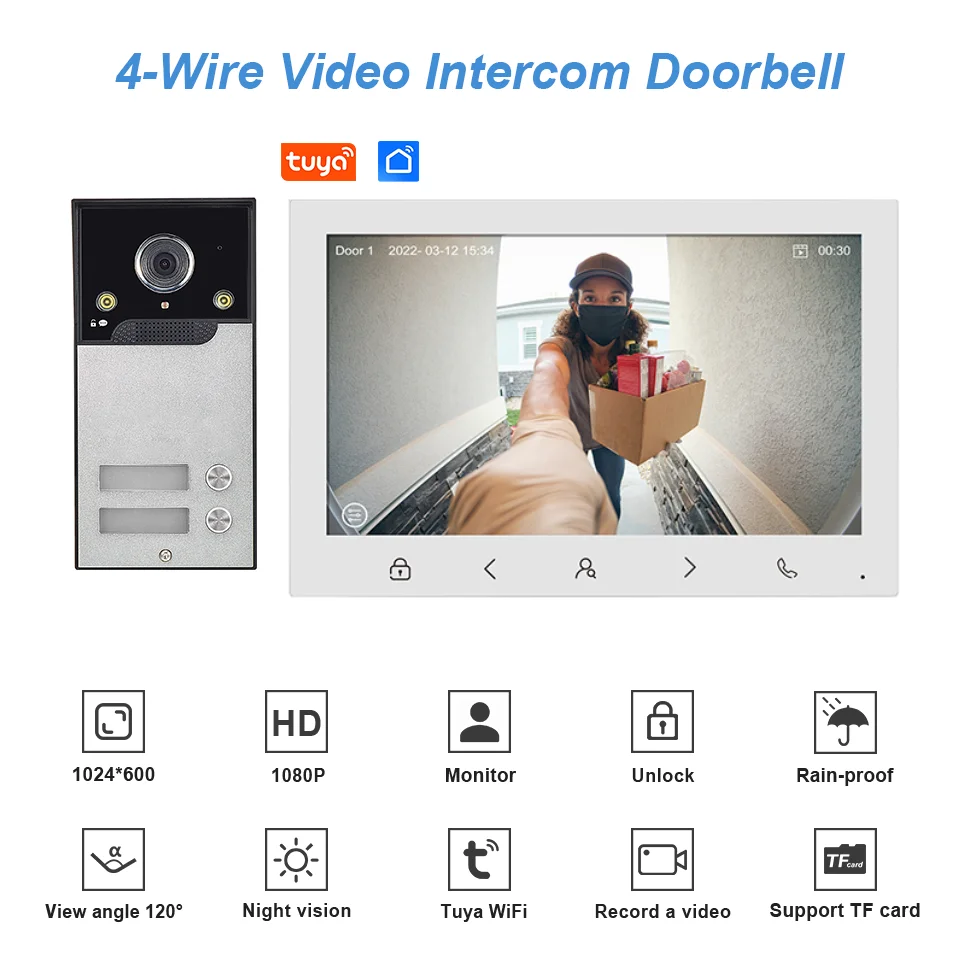 10インチ大画面Tuya WIFIビデオインターホンシステム（2～4世帯用）AHD 1080Pパスワードボード（オプション）ビデオドアホン/ドアベルシステム