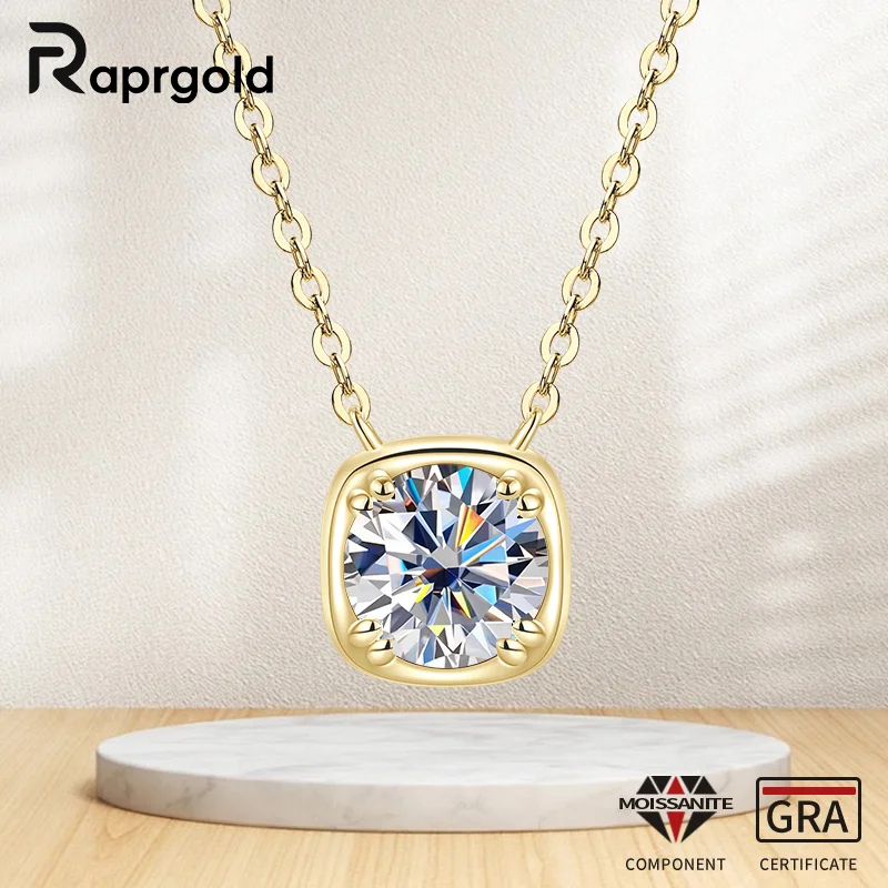 

RAPRGOLD 1.0CT Round Cut Moissanite Solitaire Square Pendant Necklaces for Women 925 Sterling Silver Chains Fine Jewelry Gifts