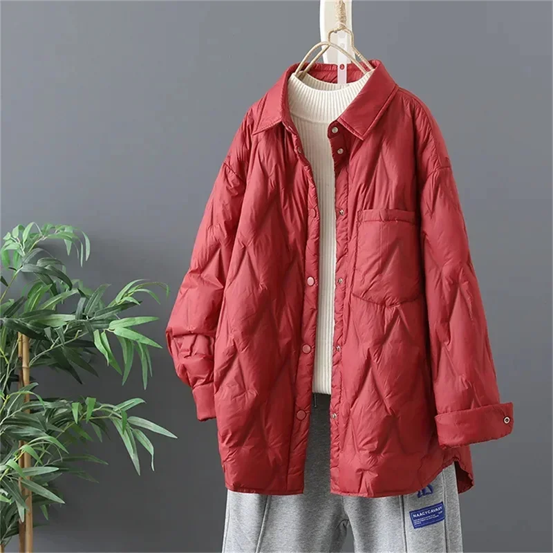 2025 Autumn Women Black Thin Cotton Quilted Coats Female Casual Lapel Jacket Female Spring Outerwear Red Button Padden Shirt Top