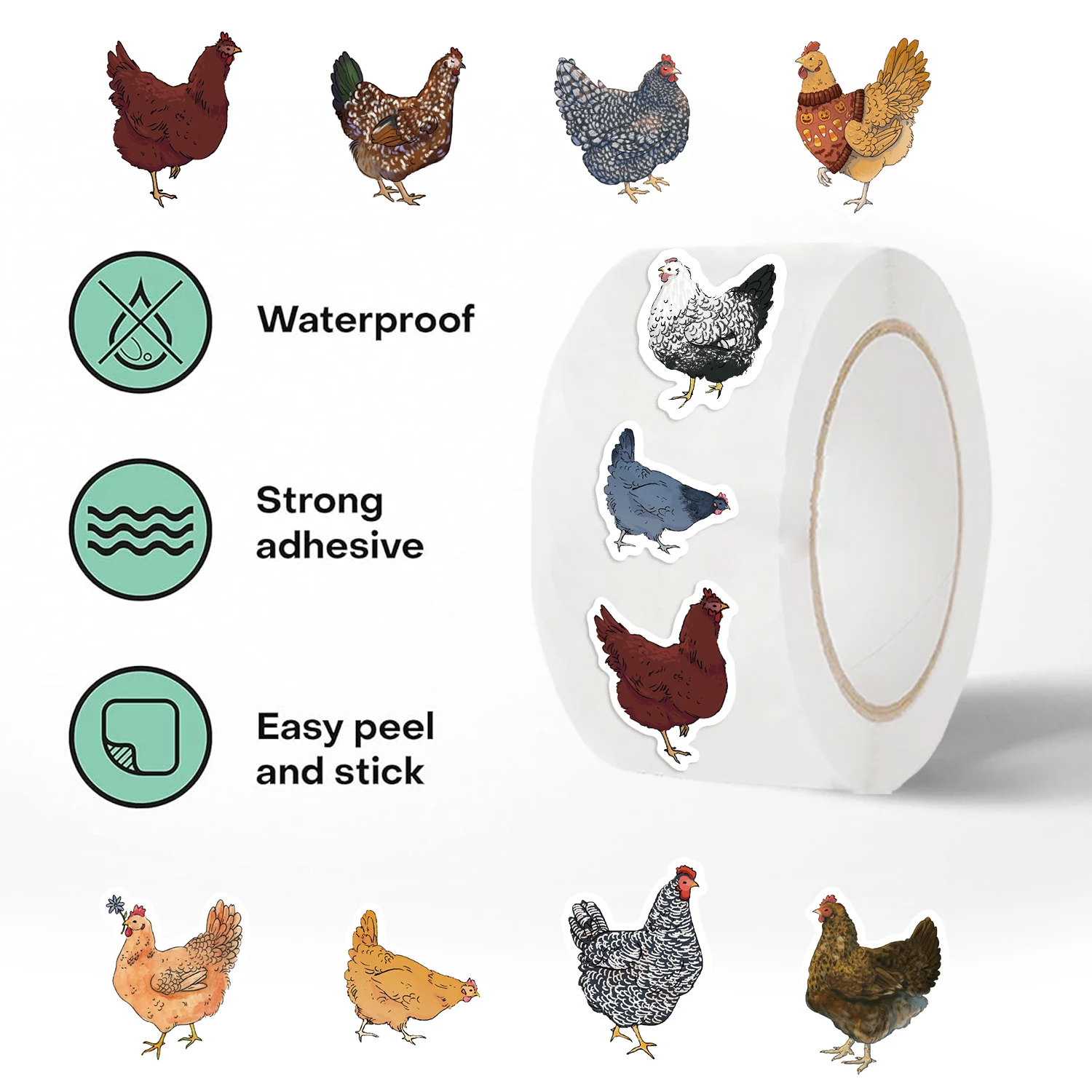 500PCS Chicken Hen Animals Roll Stickers for Water Bottles Laptop Refrigerator Luggage Computer Cartoon Funny Sticker