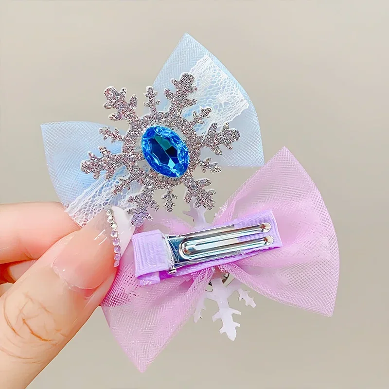 2PCS/set Cute Rhinestone Snowflake Chiffon Bow Hair Clips For Girls Sweet Hair Decorate Hairpin Hairgrip Lovely Hair Accessories