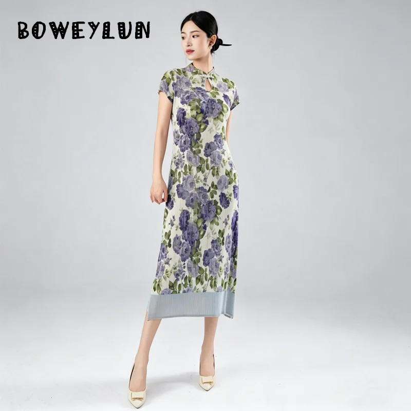 

New Chinese Style Women's Cheongsam 2026 New Midi Dress Flower Printed Retro Split Women's Dress Elegant