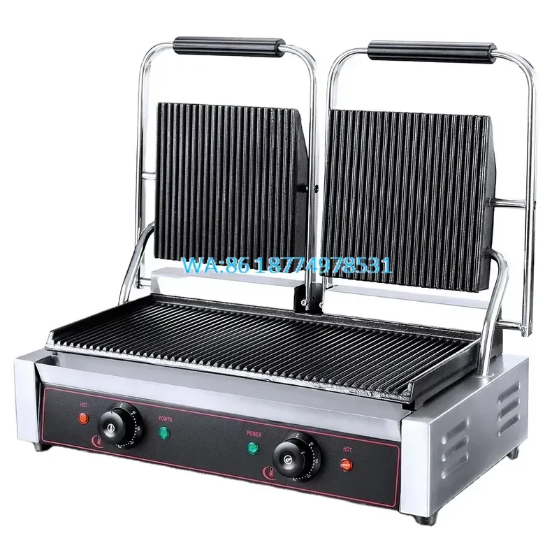 Wmwmnu Commercial Double Panini Grill Cast Iron Press with All Grooved Plates for Turkey and Sandwich Making Heavy Duty