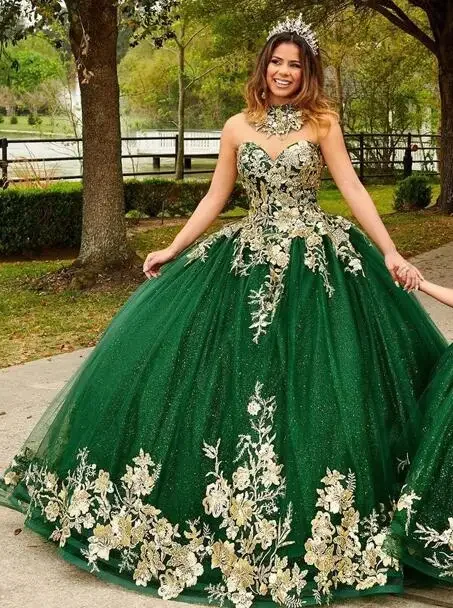 Vestido de quinceañera de princesa verde brillante, hombros descubiertos, apliques dorados, cuentas de encaje, desfile, fiesta de cumpleaños, dulce 16. ° vestido de baile