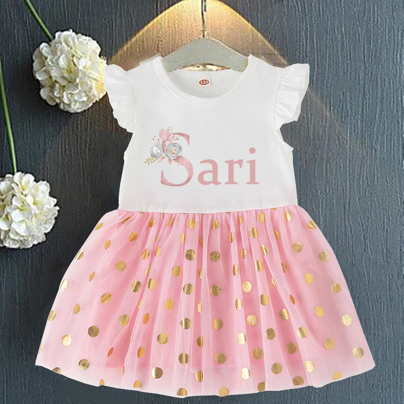 Personalized Little Girls Pink Dress Custom Name Princess Tutu Dresses Baby Birthday Party Outfit Toddler Short Sleeve Gold Dot