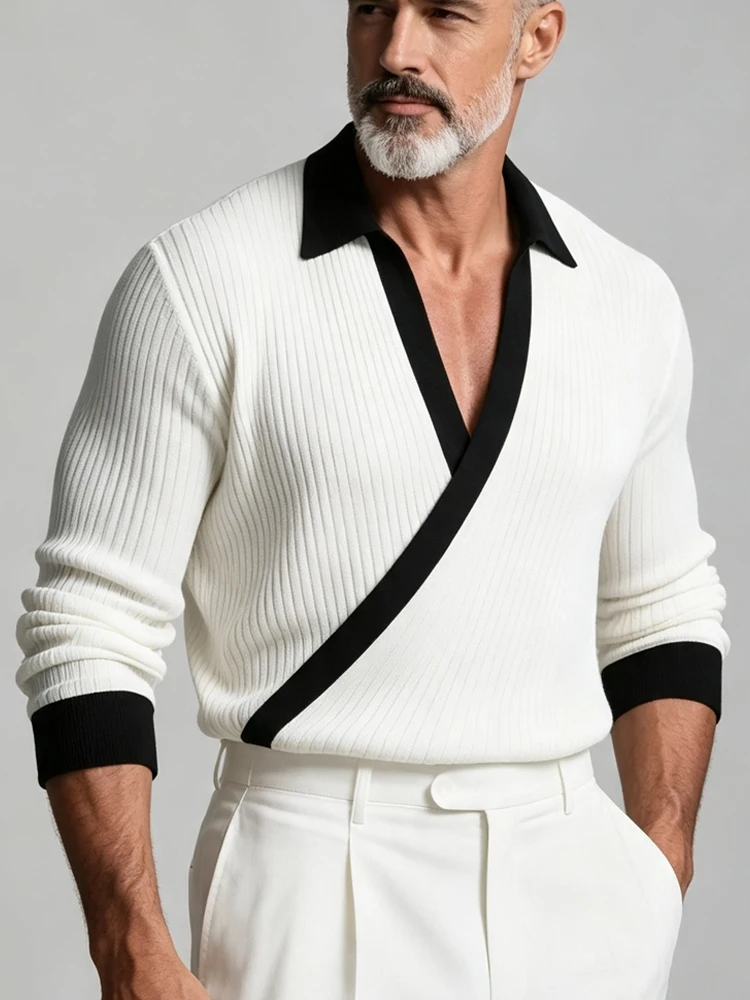 Men's Elegant Ribbed Business Blouse Shirts Color Block Wrap Cross V Neck Fashion Vintage Casual Office Top For Autumn Winter