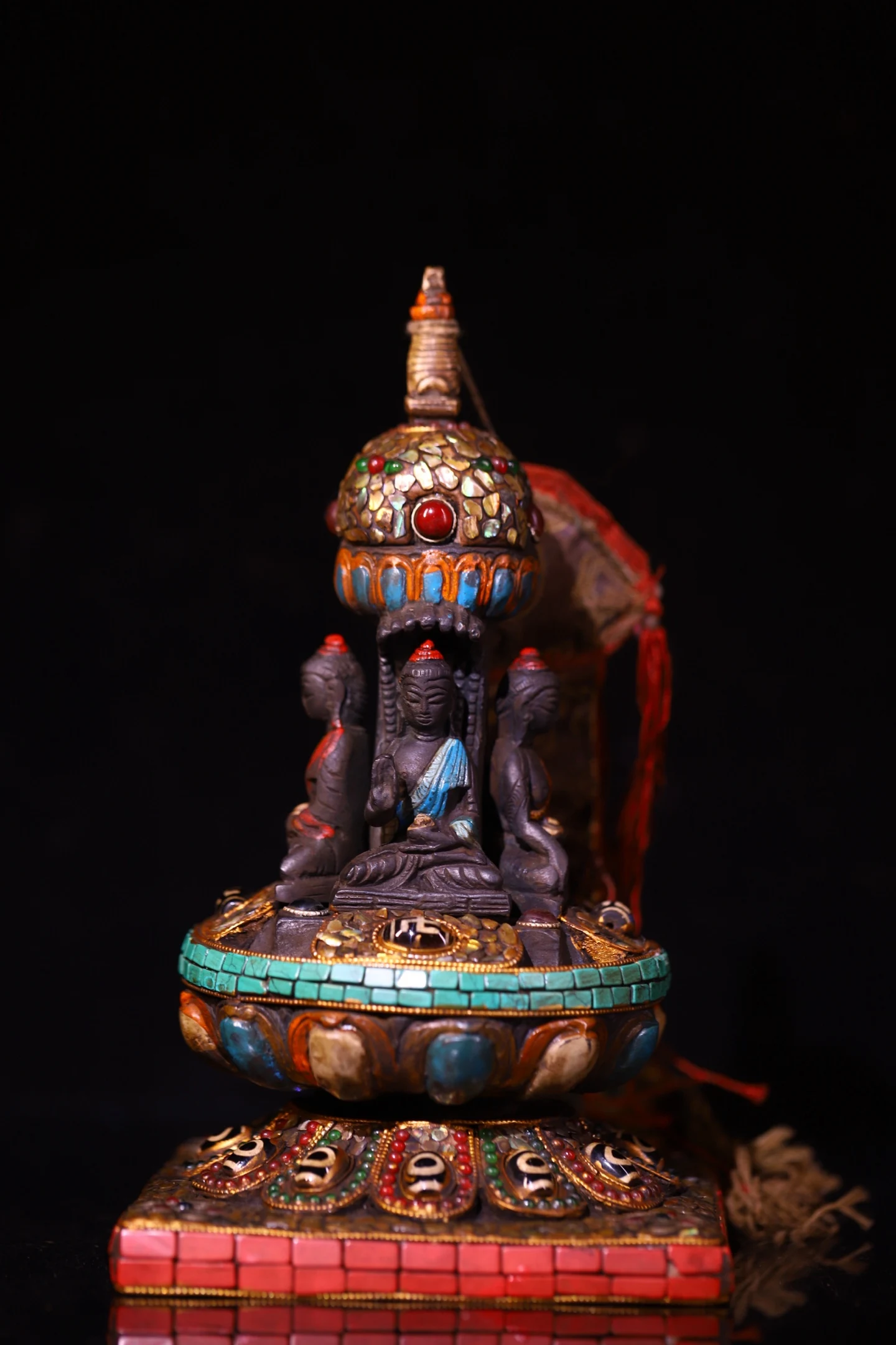 7"Old Lima Copper Mosaic Gem gZi Beads Turquoise Four sided Shakyamuni Sitting Buddha stupa Buddhist symbol Reciting scriptures