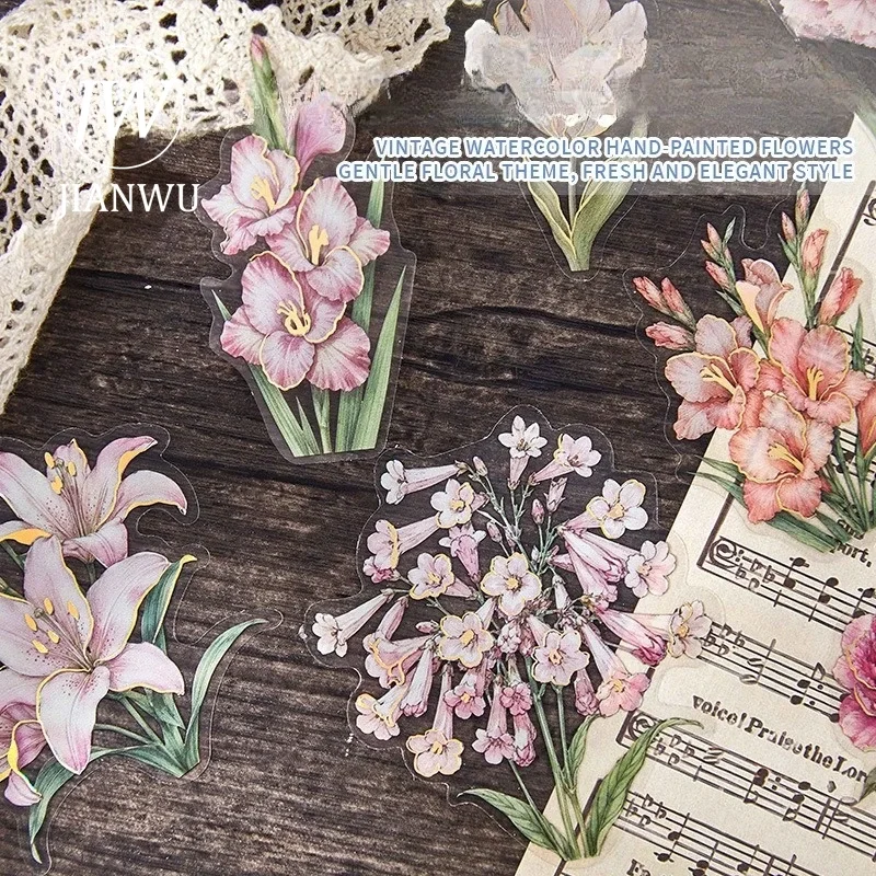 JIANWU Vintage Flower Bloom Bronzing Landscape Material Collage Scrapbooking PET Sticker Creative DIY Journal Stationery