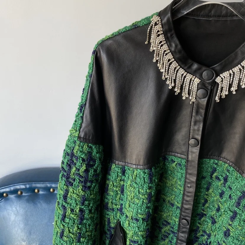 ファッショナブルな牛革パッチワークジャケット、ルーズフィット、ロング丈、ランタンスリーブ、秋冬新作、レディースプレミアムレザージャケット