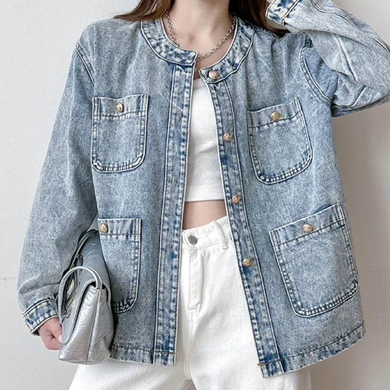 Grunge Women Cowboy Coats Jackets New Heavy Industry Snowflake Washed Round Neck Straight Tube Jacket Top Women's Clothing