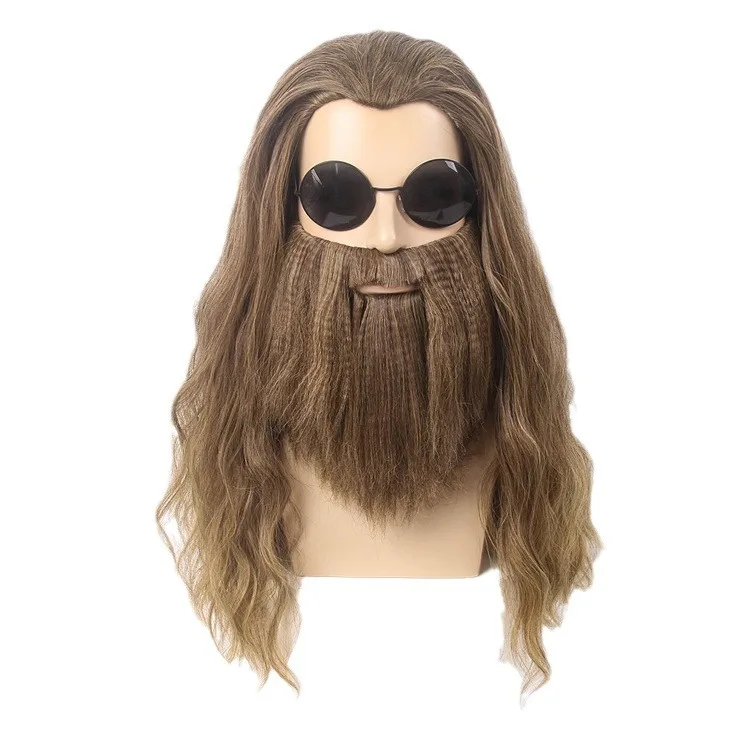 Peluca de Cosplay de Halloween, God Wizard, Barba, monje médico, Vking, bigote falso para hombre, peluca maestra, cabello largo y rizado con oblicuo