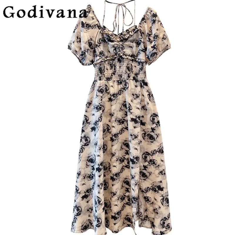 

150KG Extra Large Size XL-7XL Women's Chic Slash Neck Split Long Dress Summer Lace-up Sweet Floral Short Sleeve Chiffon Dresses