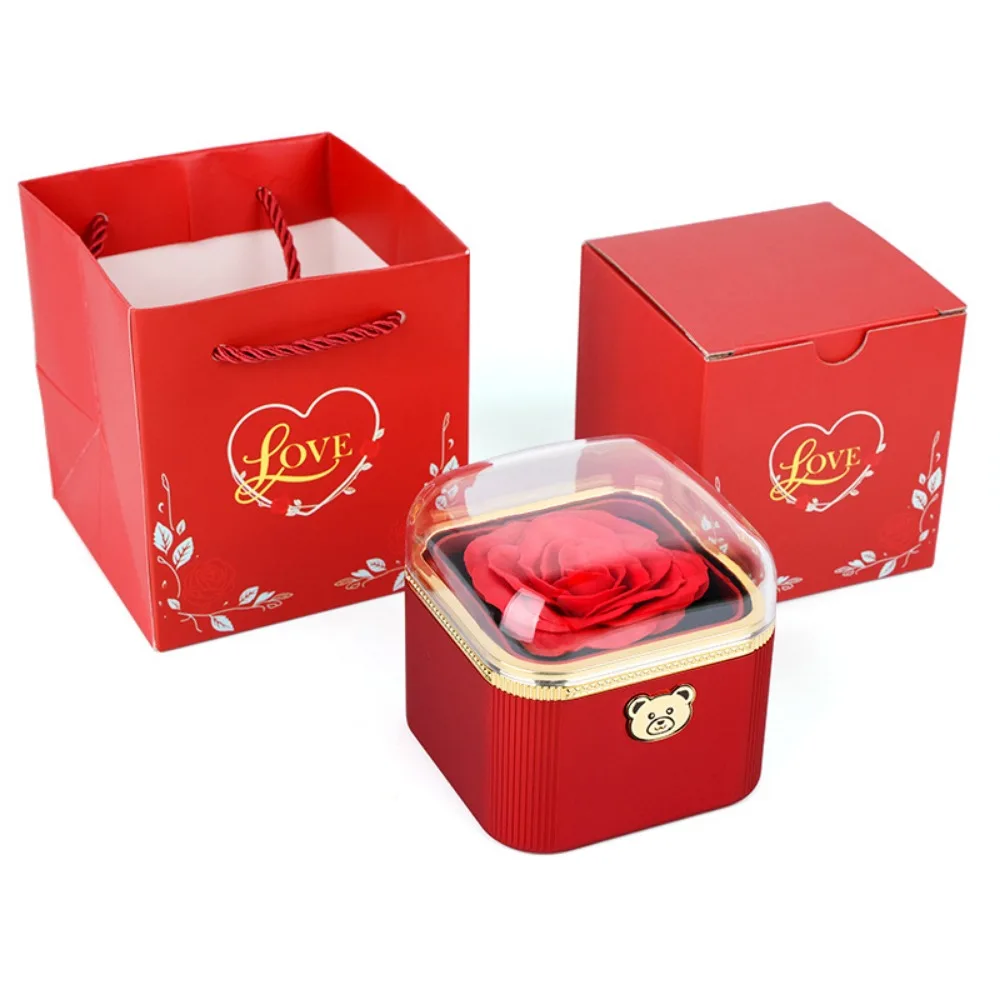 

Creative Cute Flip Necklace Box Dustproof Automatic Surprise Jewelry Storage Box Romantic Plastic Rotating Rose Box Mother's Day
