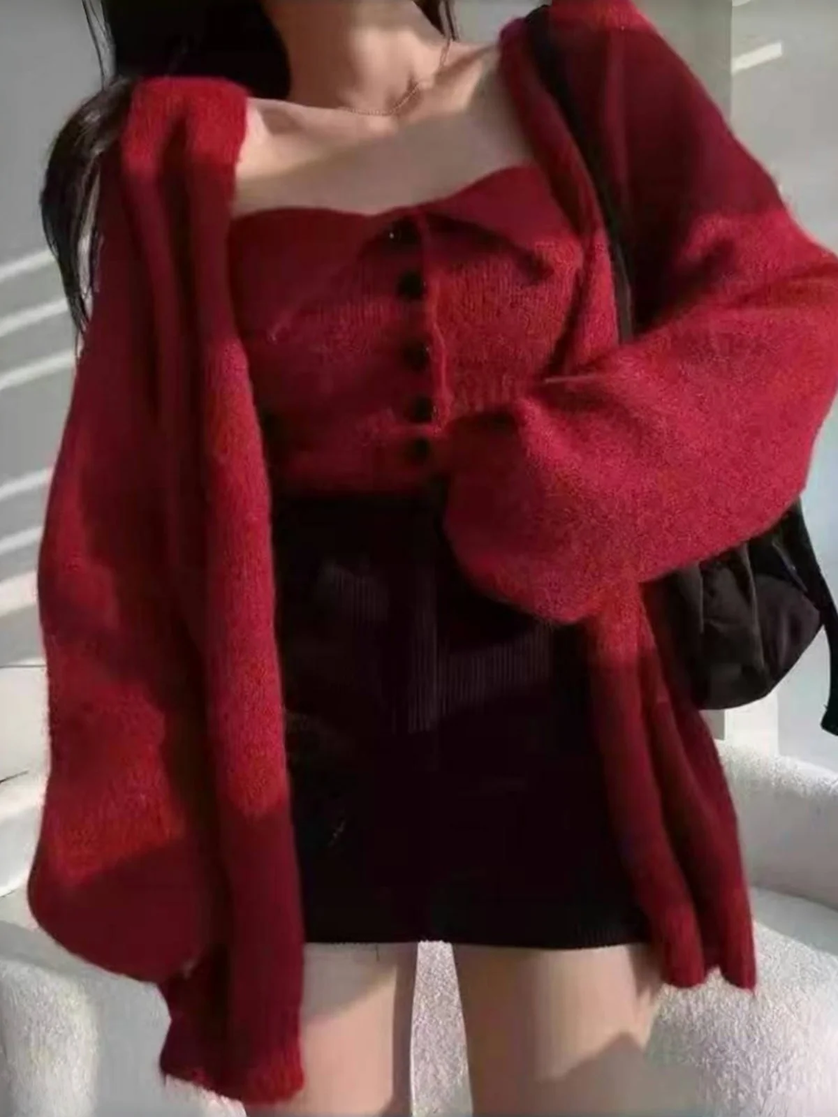 

Spring Faionable Button-Up Tube Top Sweater Overcoat Lazy Sle Two-Piece Set Women's Trendy Base irt Outerwear Combo